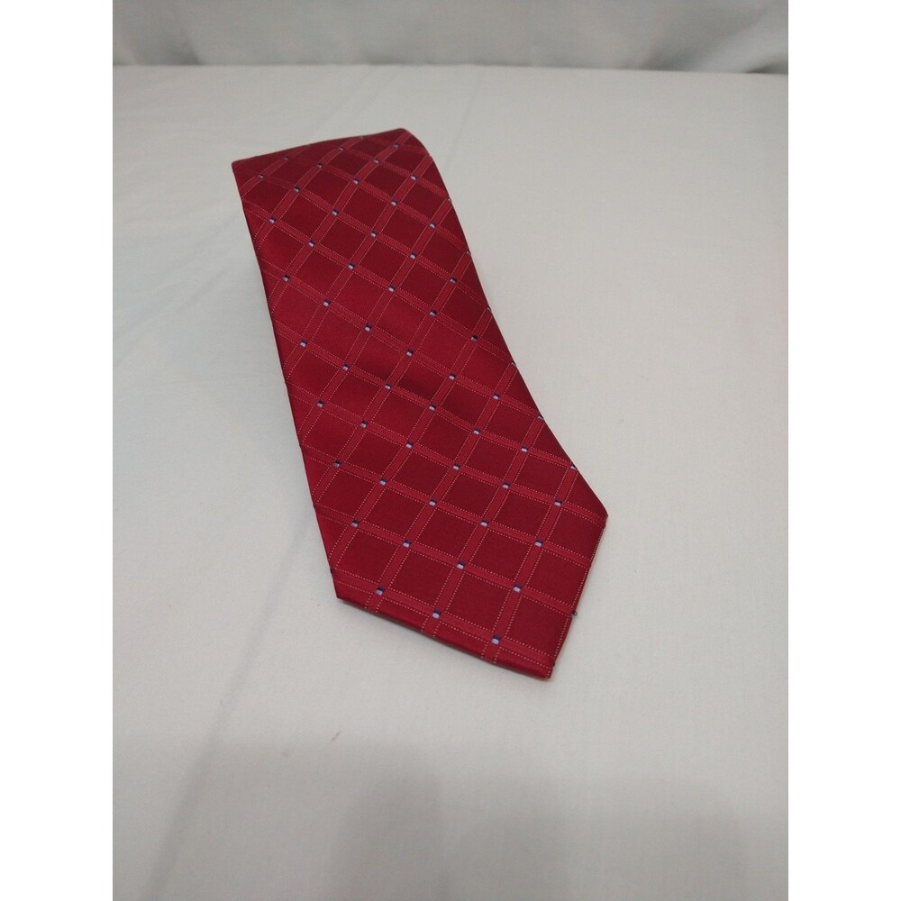 New With Tag NAUTICA Men's Extra Long 100% Silk Tie Red Geometric Grid Blue Dots